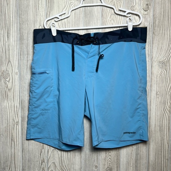 Patagonia Stretch Planing Board Short Zip Pocket Drawstring Light Blue 9" Inseam - Picture 1 of 6